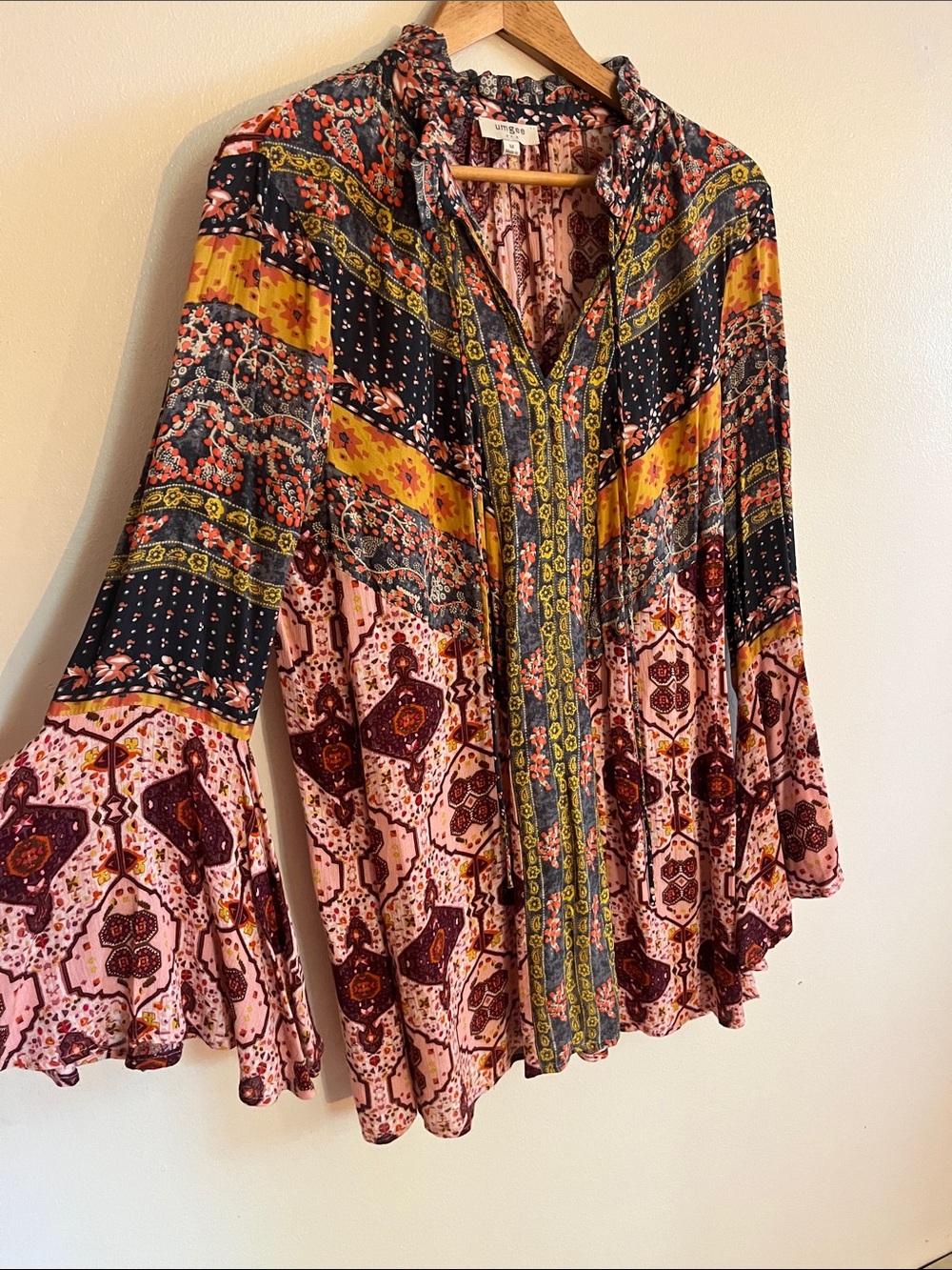 Umgee Pink Multi Boho Floral Paisley Bell Sleeve Top